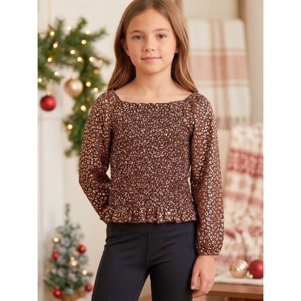 Girls Foil Leopard Top ERGE Designs Smocked NWT L - Picture 8 of 8